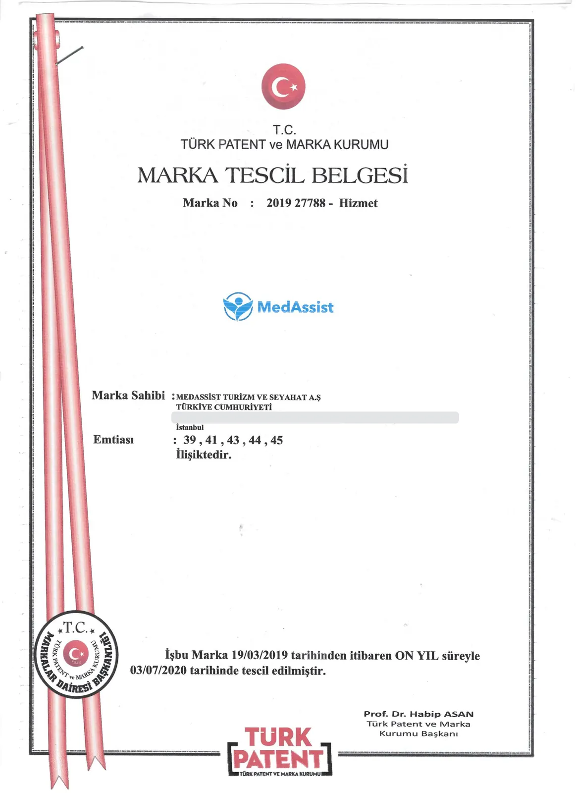 Trademark Registration Certificate, Turkish Patent and Trademark Office, no. 2019 27788 (signature and old address masked)