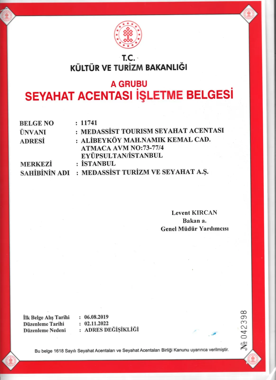 Group A Travel Agency Operating Licence, Ministry of Culture and Tourism, no. 11741 (signature masked)